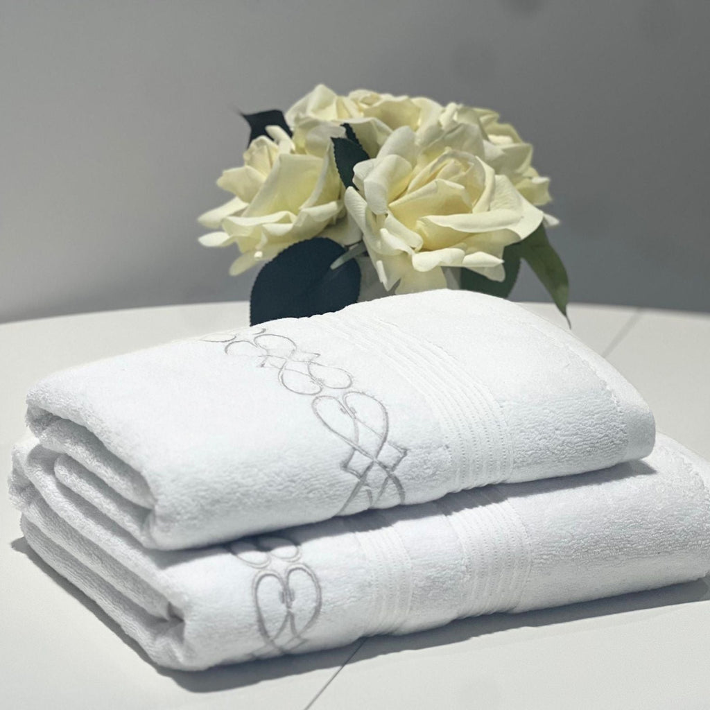 Linen Obsession "Elena" Bath Towels in White/Silver