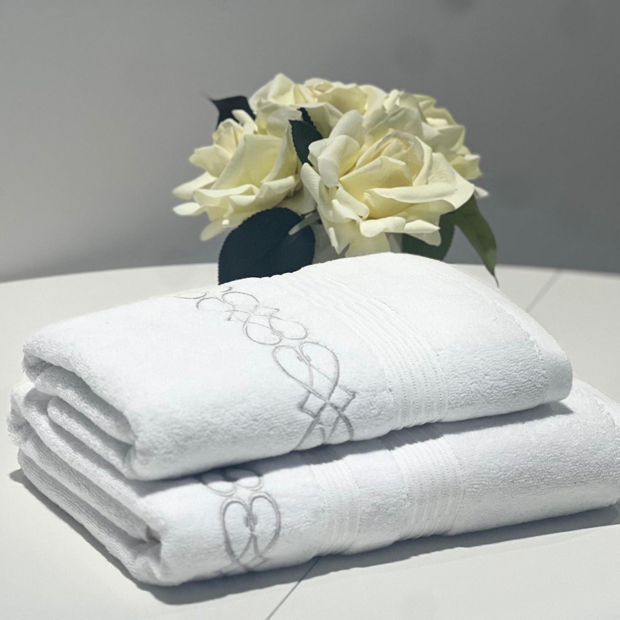 Linen Obsession "Elena" Bath Towels in White/Silver