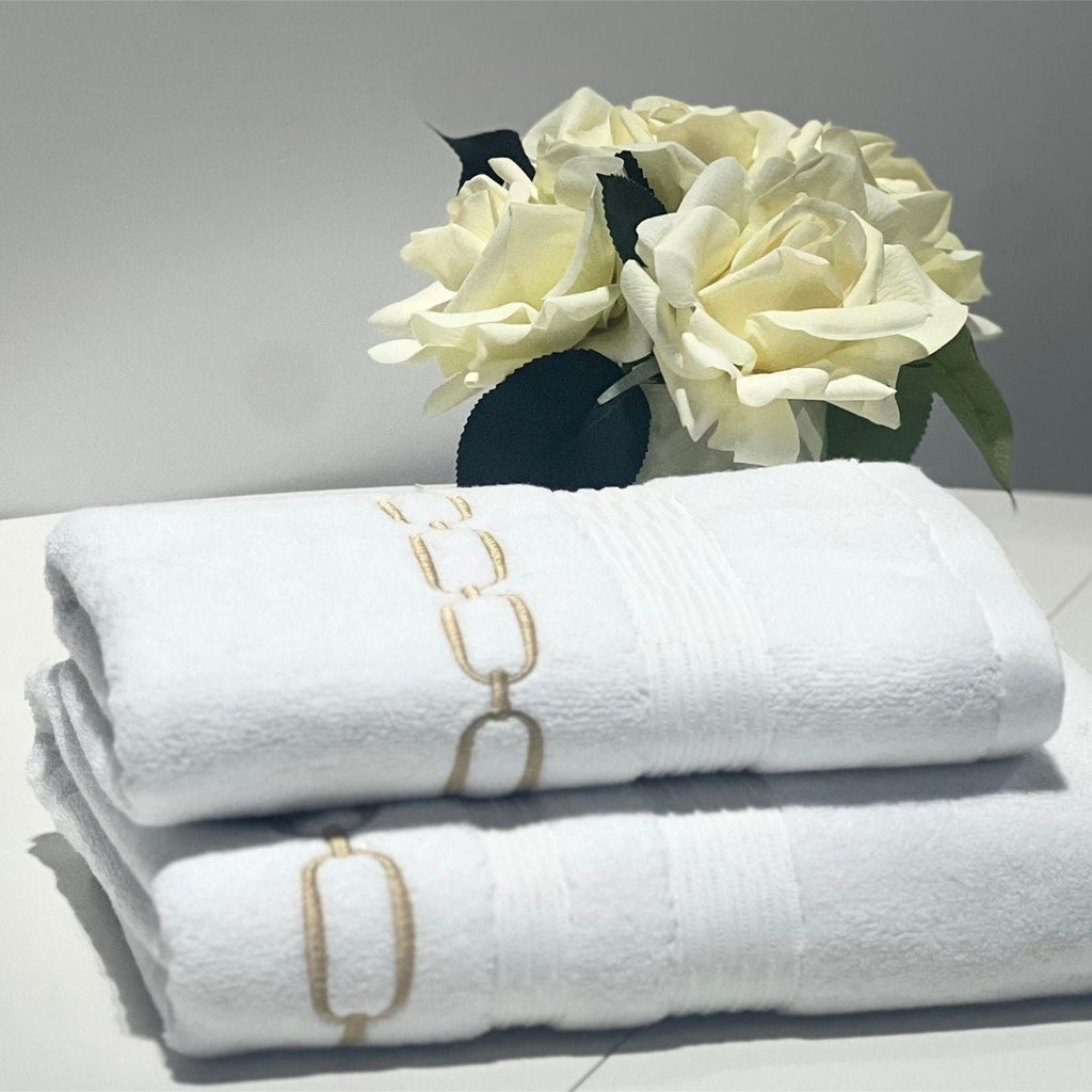 Linen Obsession "Eliza" Bath Towels in White/Gold