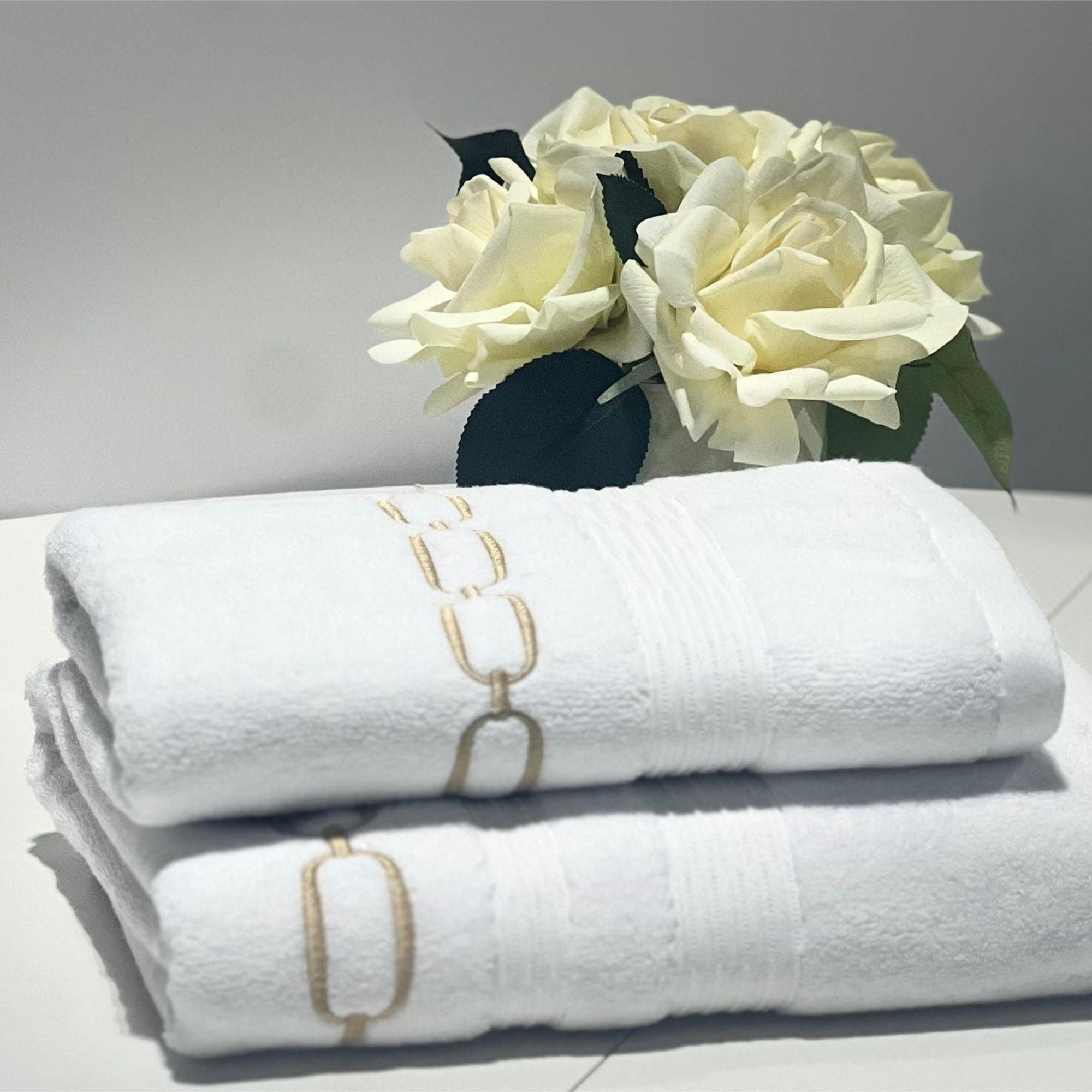 Linen Obsession "Eliza" Bath Towels in White/Gold