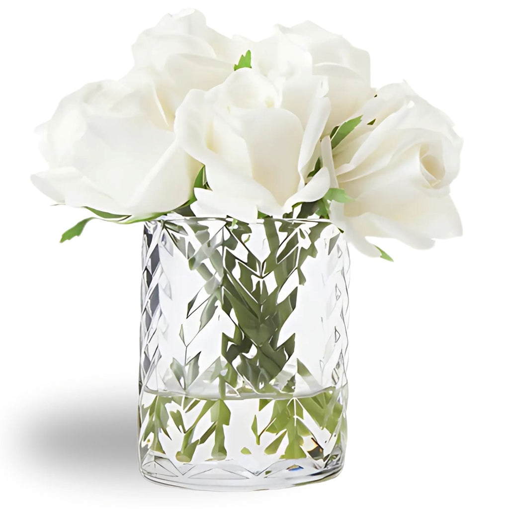 Rose Buds Herringbone Bouquet in Glass Vase – Artificial Silk Flowers