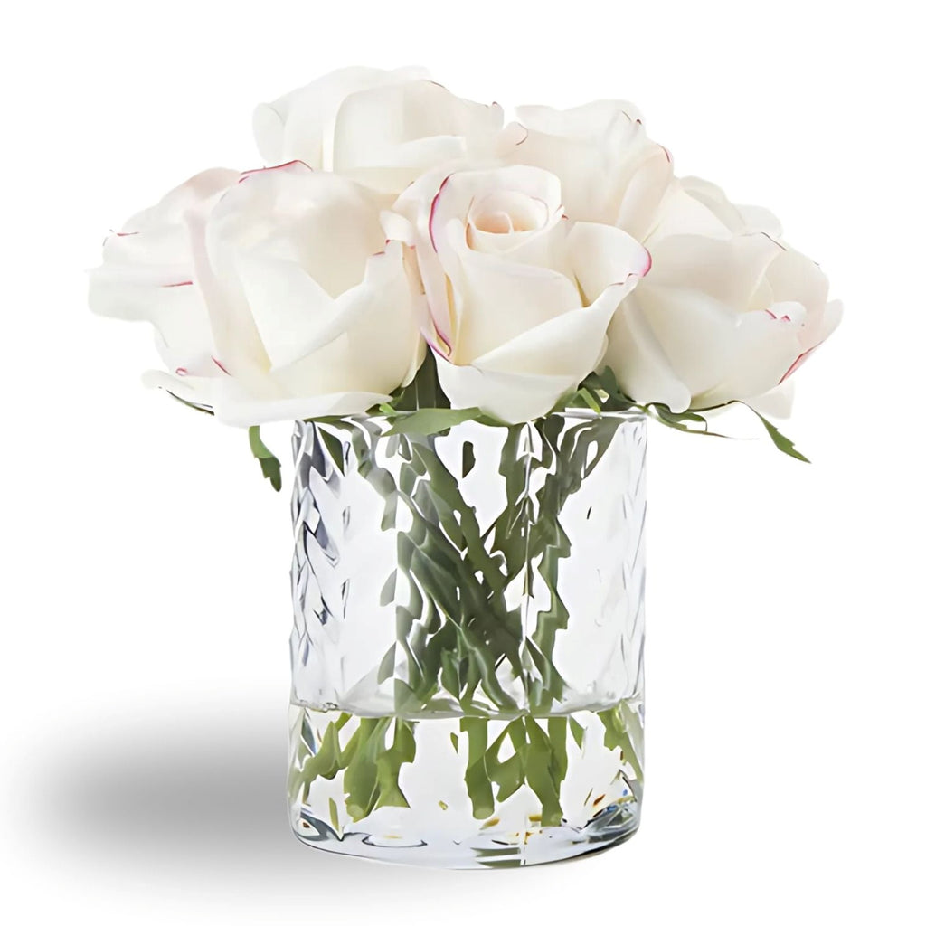 Rose Buds Herringbone Bouquet in Glass Vase – Artificial Silk Flowers