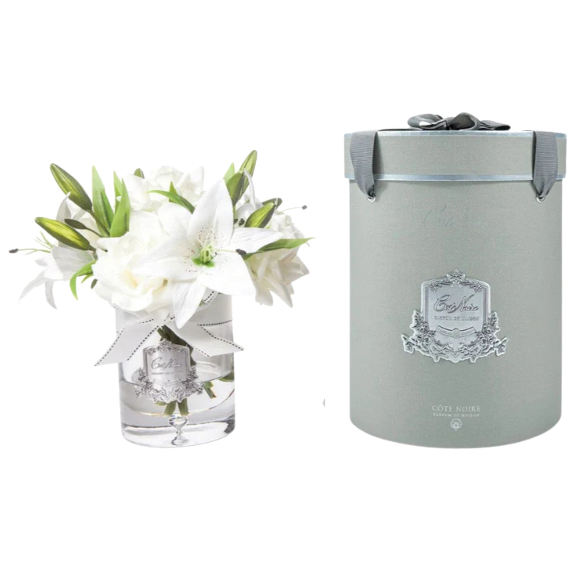 Rose & Lily Bouquet in Glass Vase in Ivory White