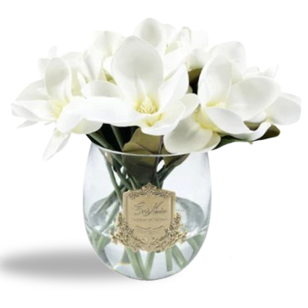 Round Magnolia Bouquet in Glass Vase – Artificial Silk Flowers