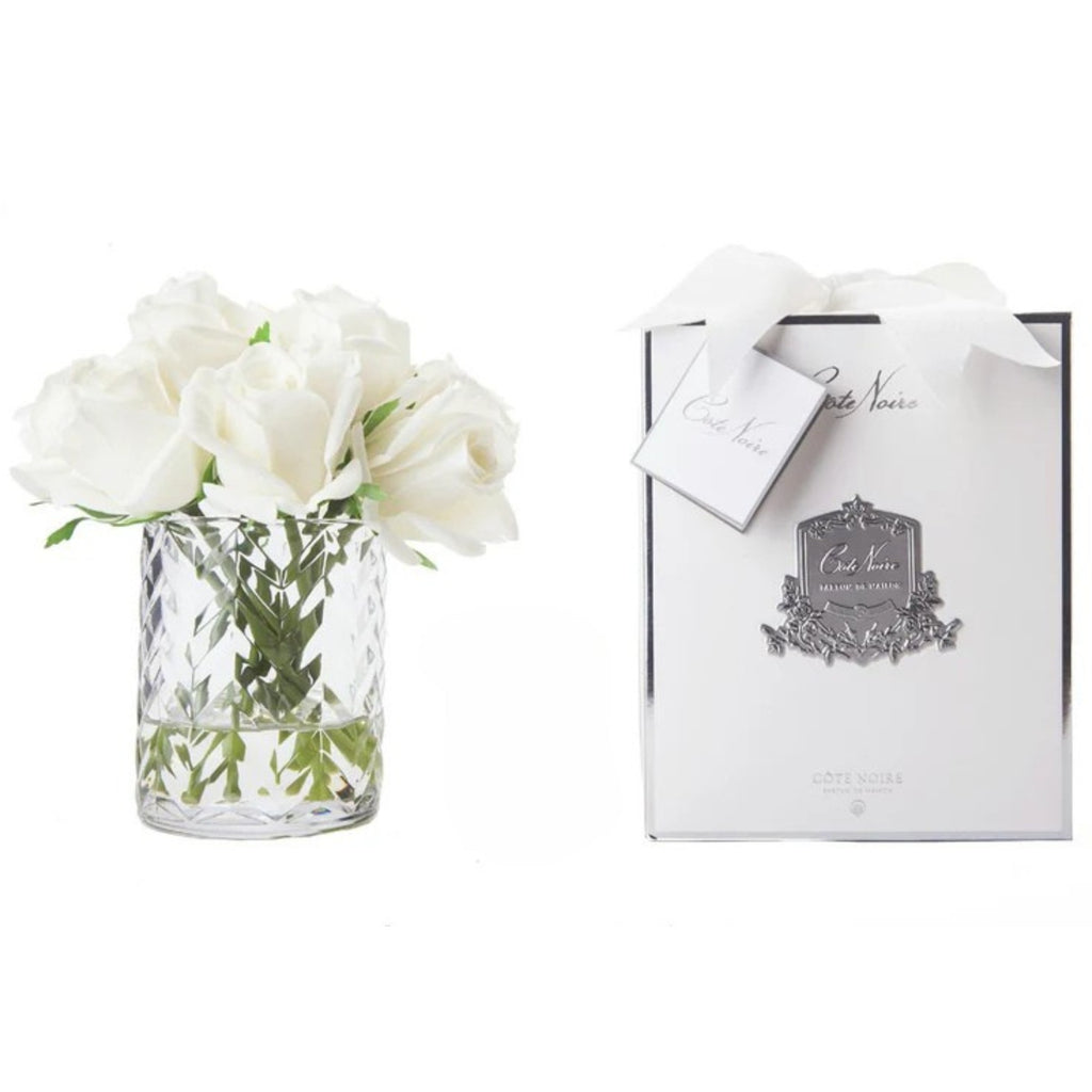 Rose Buds Herringbone Bouquet in Glass Vase – Artificial Silk Flowers