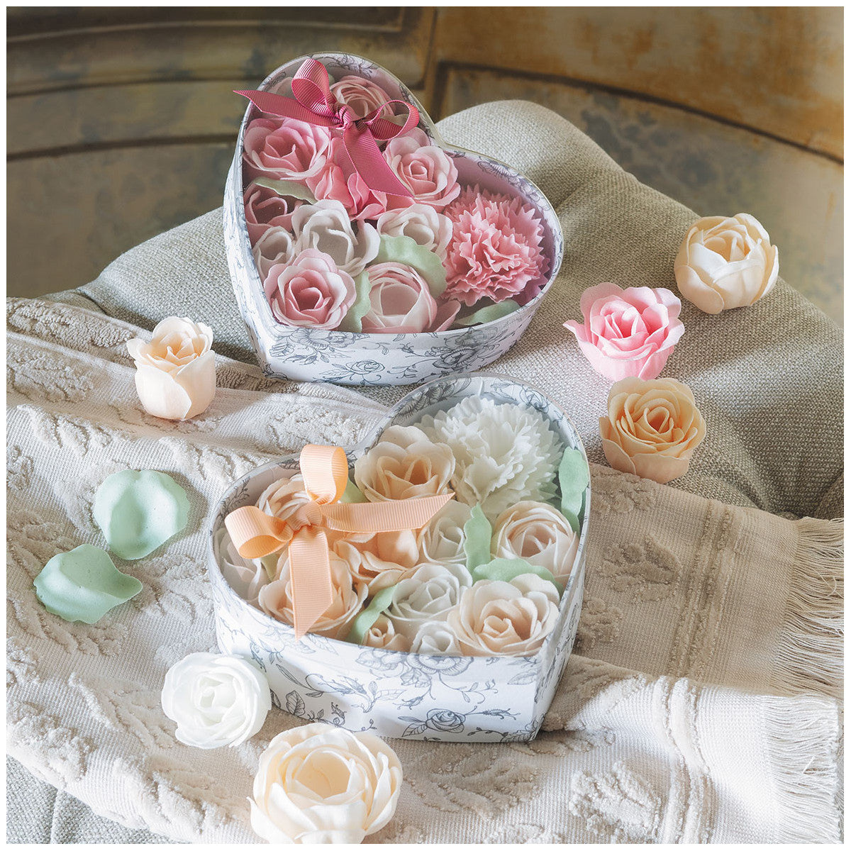 Mathilde "Rose Fragrance" Heart Box Bouquet Soap Flower Garden in Nude and White